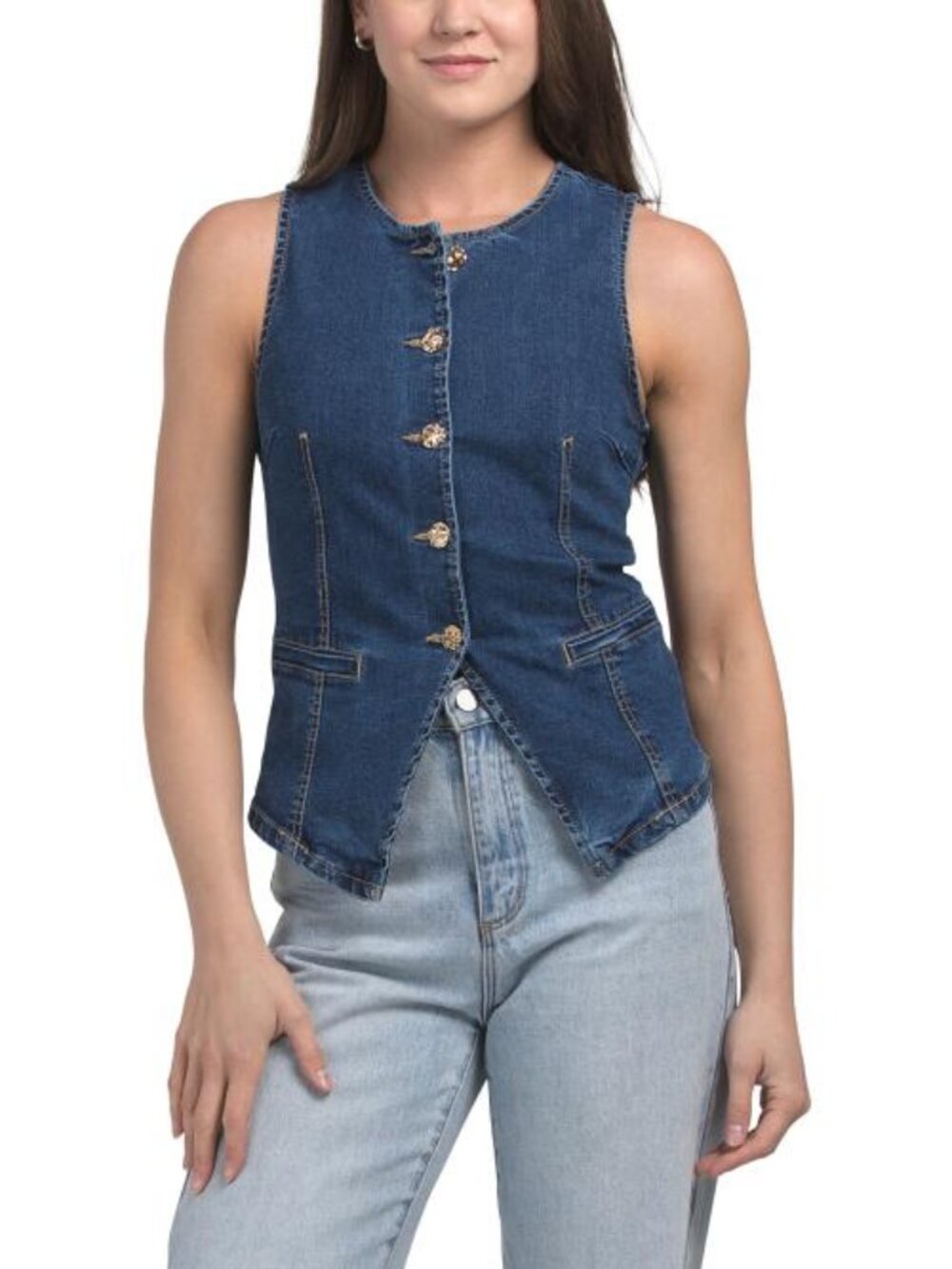 LOVE TREE Denim Button High Neck Vest - Picture 1 of 3